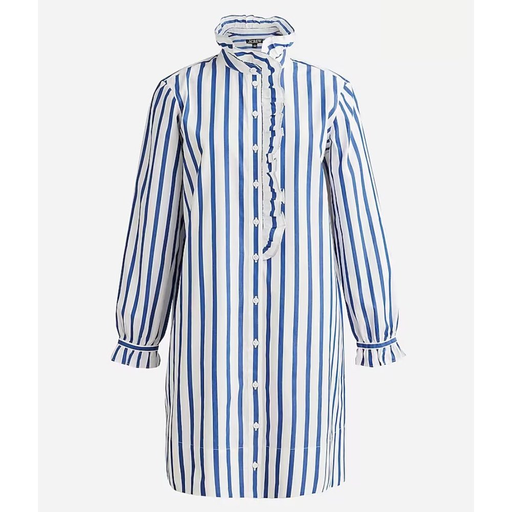 Ruffle-Front Cotton Poplin Striped Dress, Size 8